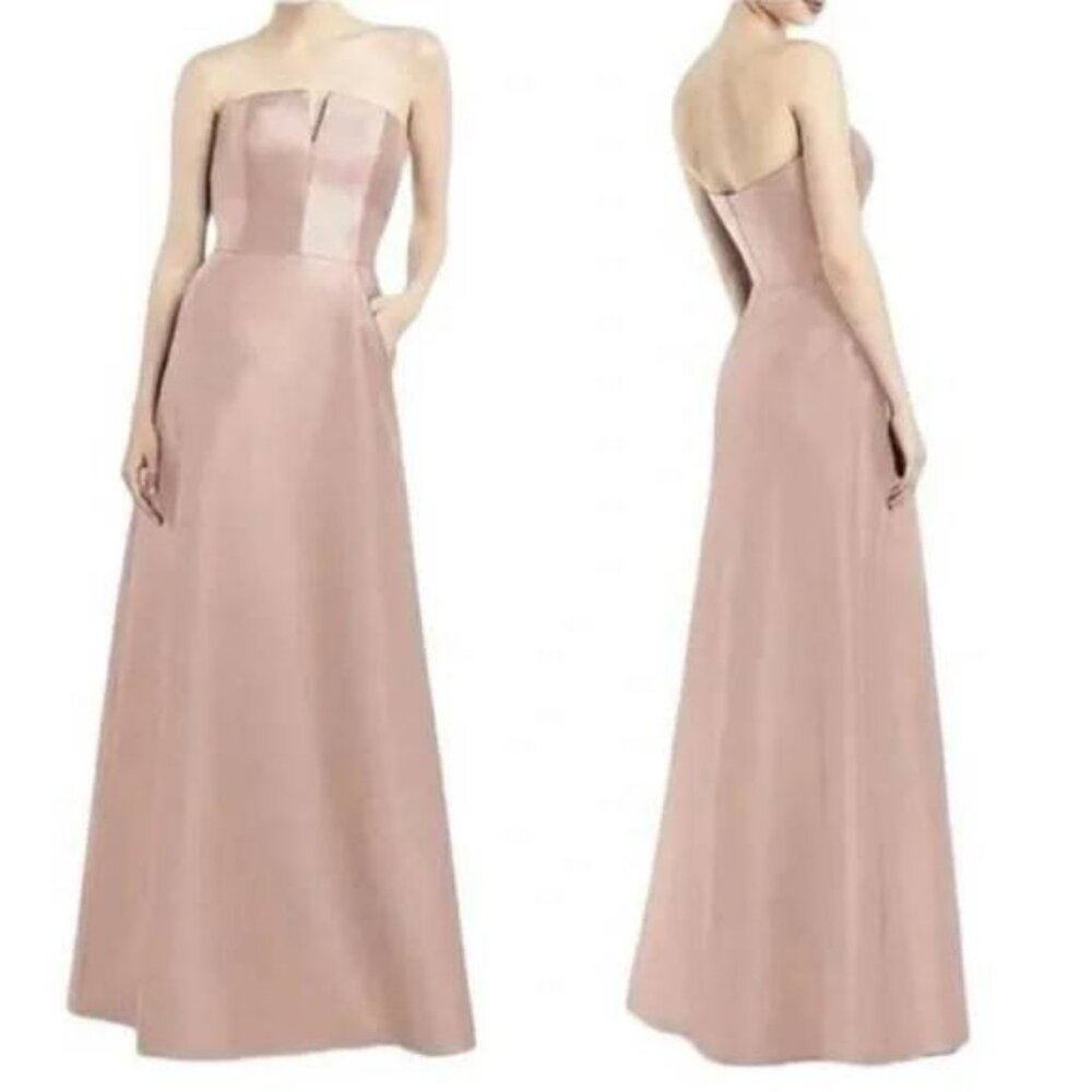 ALFRED SUNG Strapless Satin Evening Gown in Blush Pink Hemmed to 5’5’